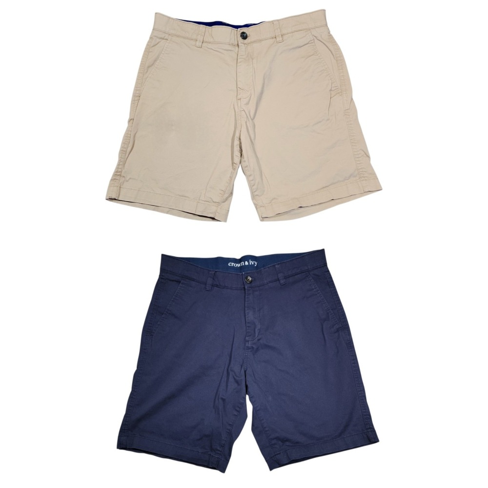 Crown & Ivy Shorts 33 Mens Tan 7" Navy 9" Motion Flex Chino Stretch Bundle 2pk